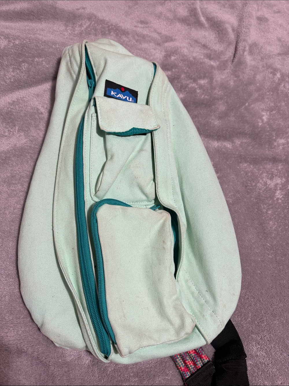 Kavu Mint Green Canvas Sling Bag with Teal Zippers